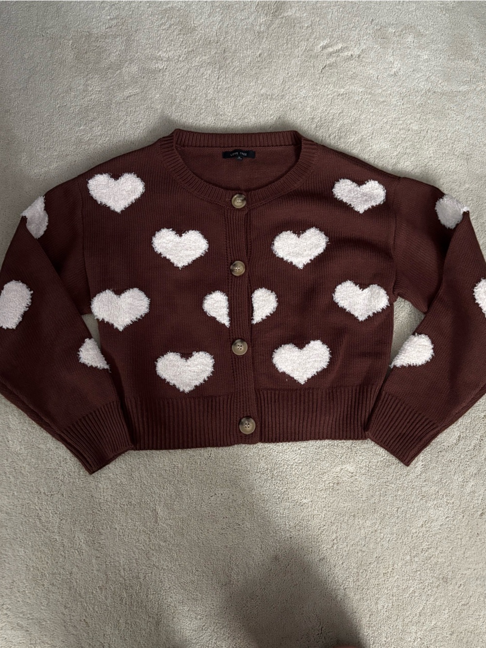 Love Tree Brown Crewneck Sweater with Cream Heart Appliqués